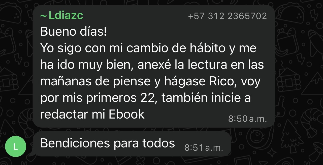 Mensaje de alumna que transformó sus hábitos y empezó a escribir su propio ebook