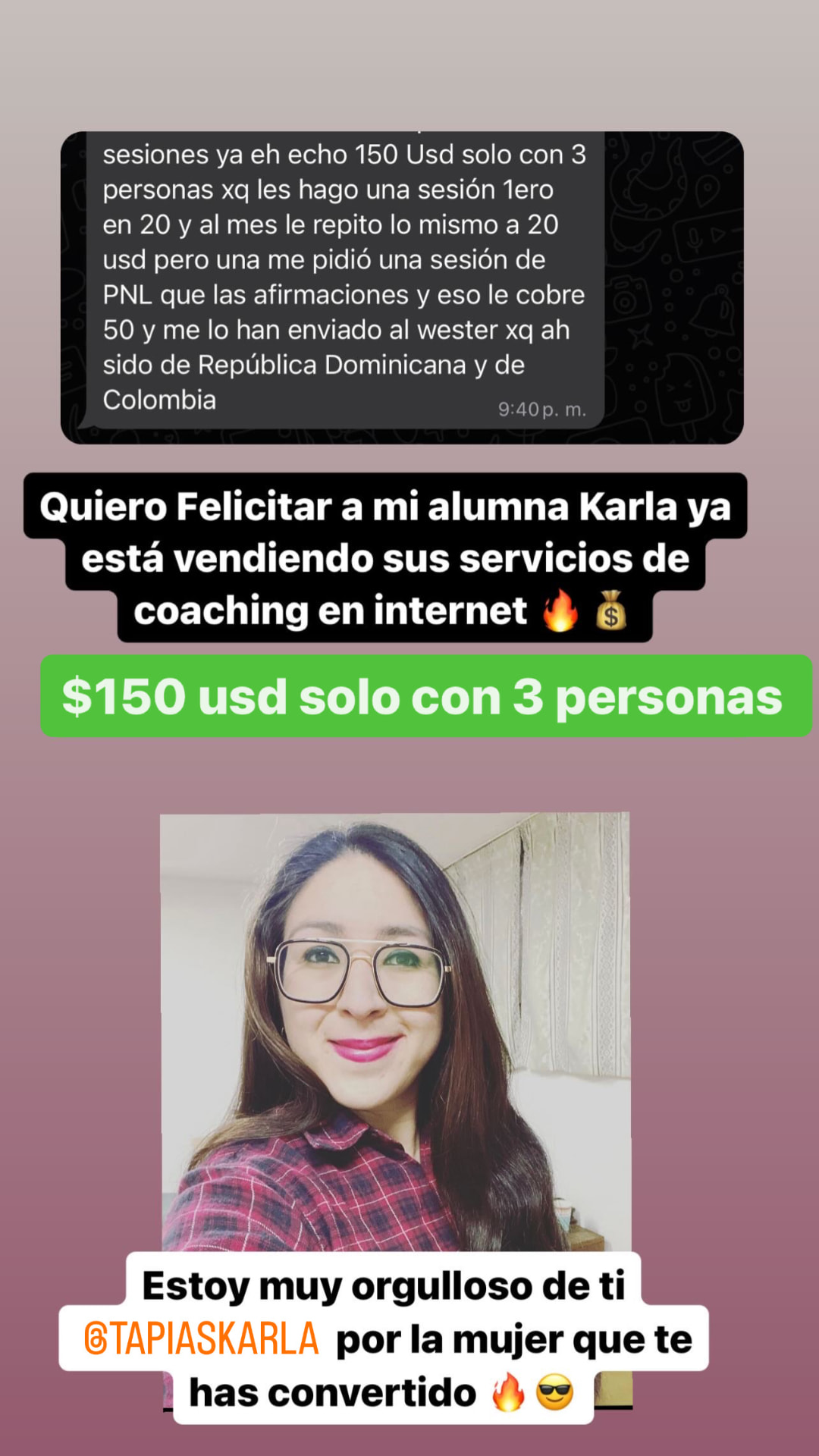 Karla vendió $150 USD en coaching con 3 personas