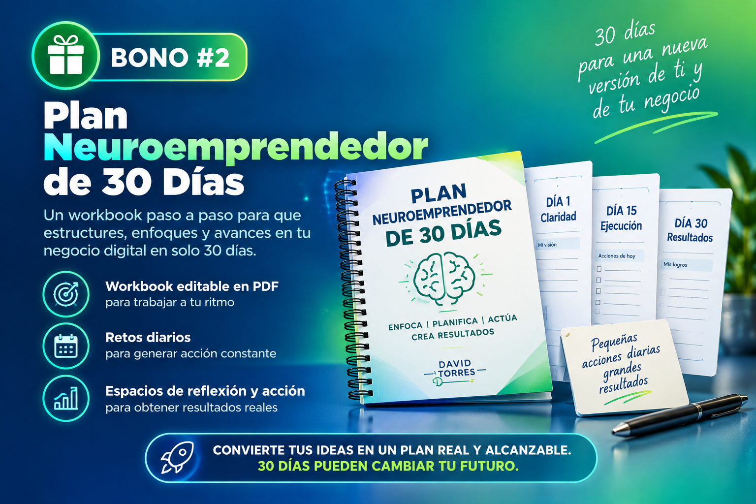 Plan Neuroemprendedor de 30 Días con workbook, retos diarios y espacios de reflexión
