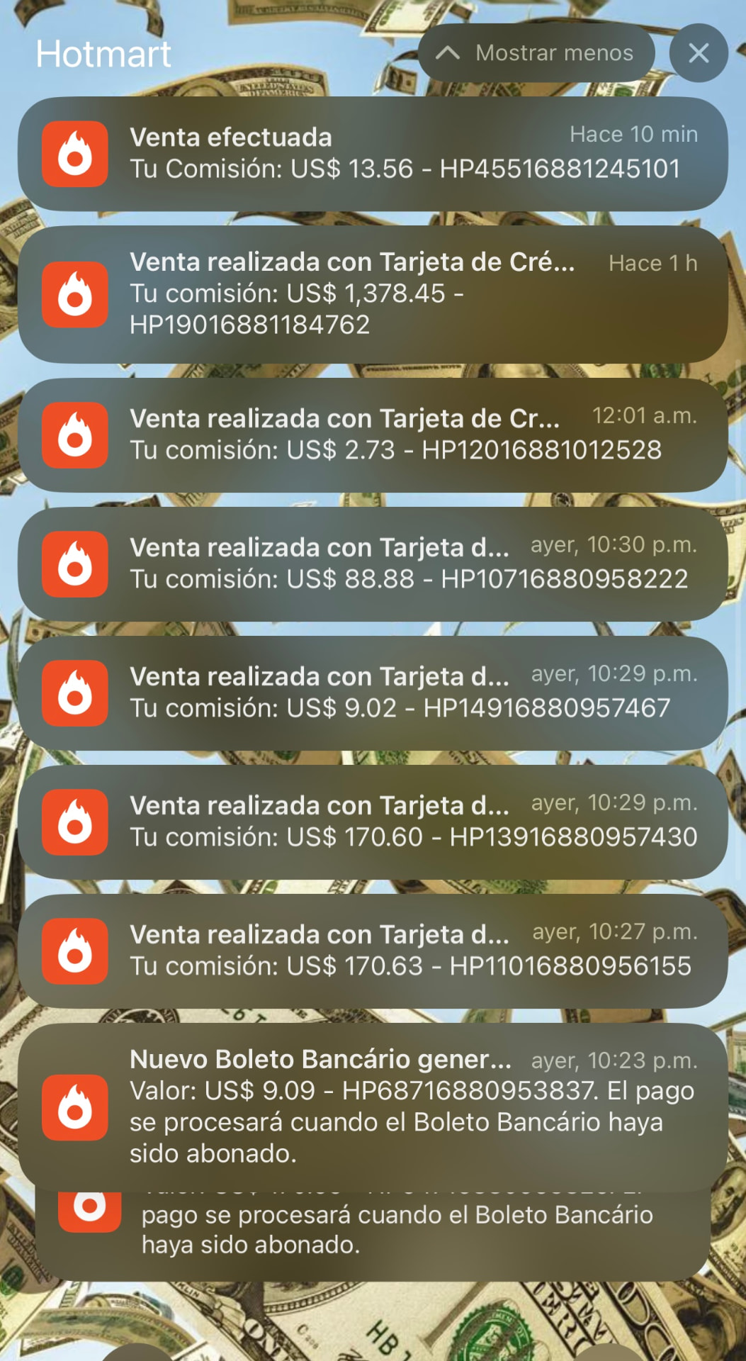 Notificaciones de ventas recibidas en una sola noche